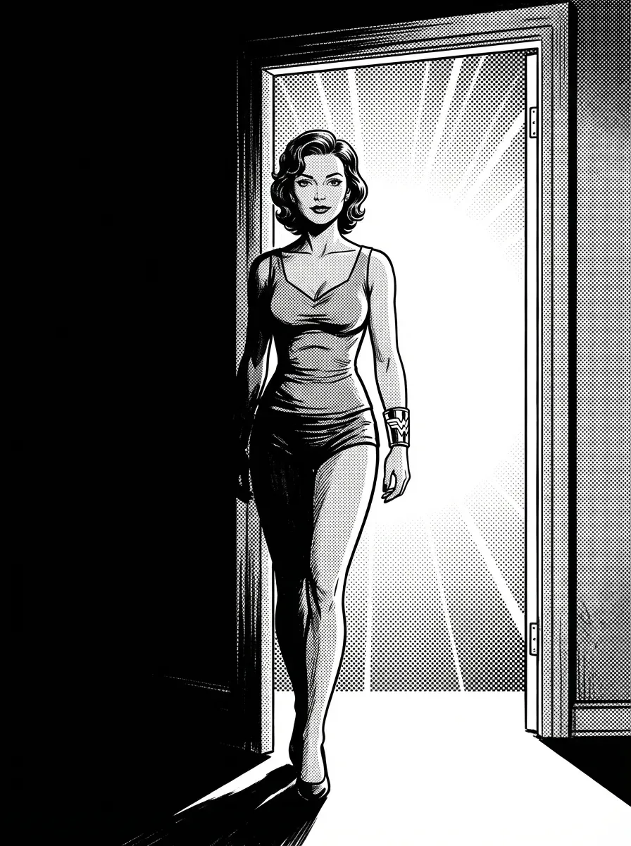 Képregény stílus, rövid hajú nő lép át nyitott ajtón, mögötte fehér fény, előtte sötétség. 