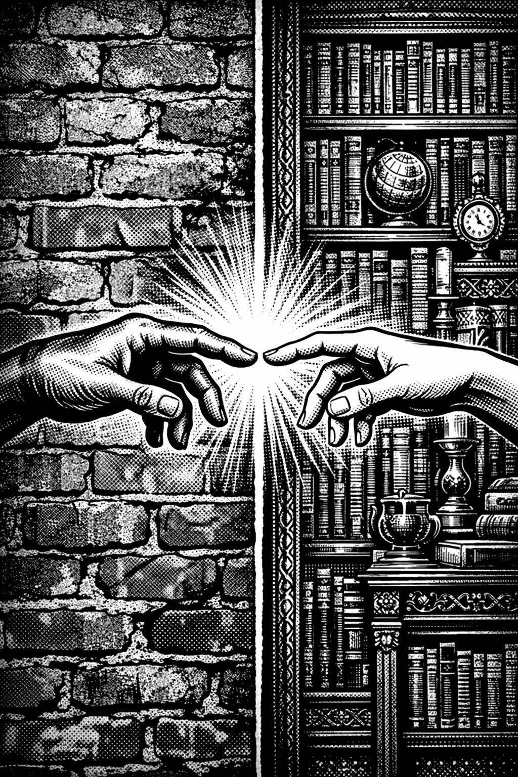 Fekete-fehér noir kép: két kéz ér össze; bal oldalon téglafal, jobb oldalon könyvespolc.