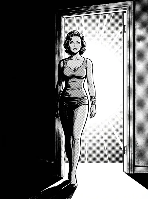 Képregény stílus, rövid hajú nő lép át nyitott ajtón, mögötte fehér fény, előtte sötétség. 