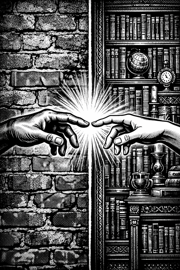 Fekete-fehér noir kép: két kéz ér össze; bal oldalon téglafal, jobb oldalon könyvespolc.